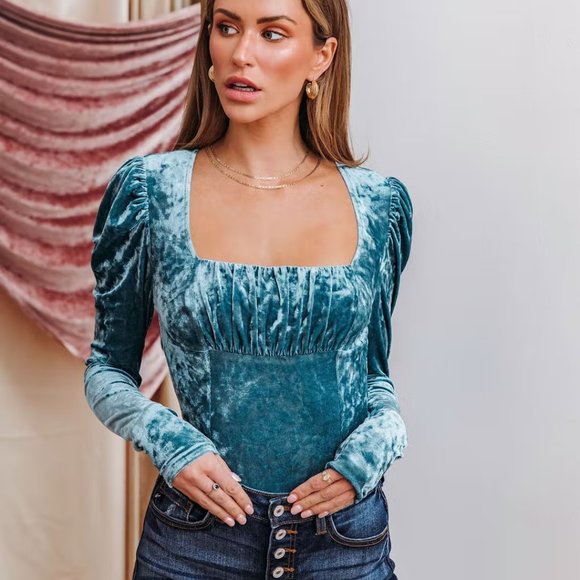 NEW - DINA VELVET PUFF SLEEVE TOP - TEAL - Picture 2 of 5